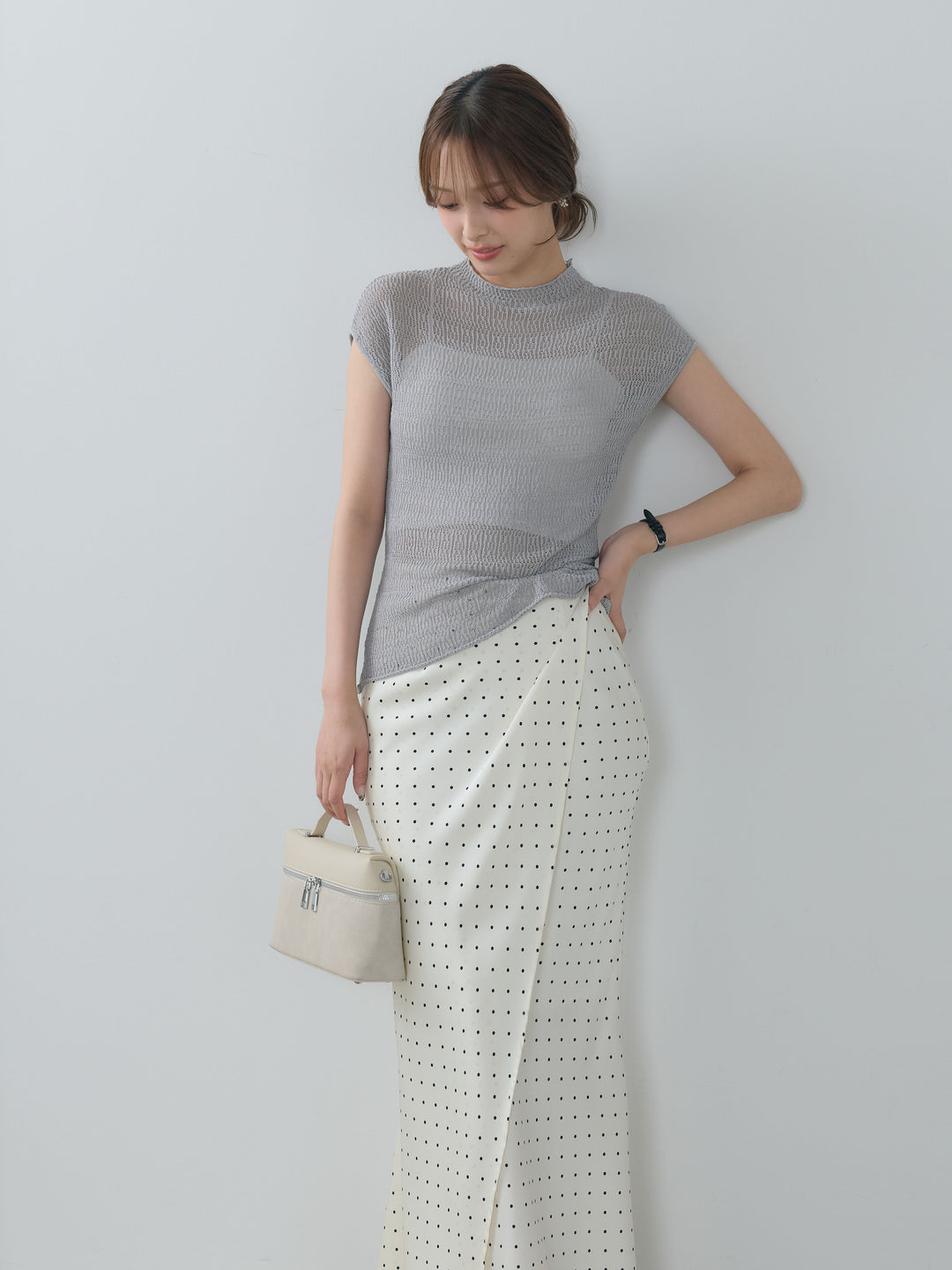 【SET】透かし編みプチネックサマーニットトップス+【Essential】Wrap design satin mermaid skirt(2set)