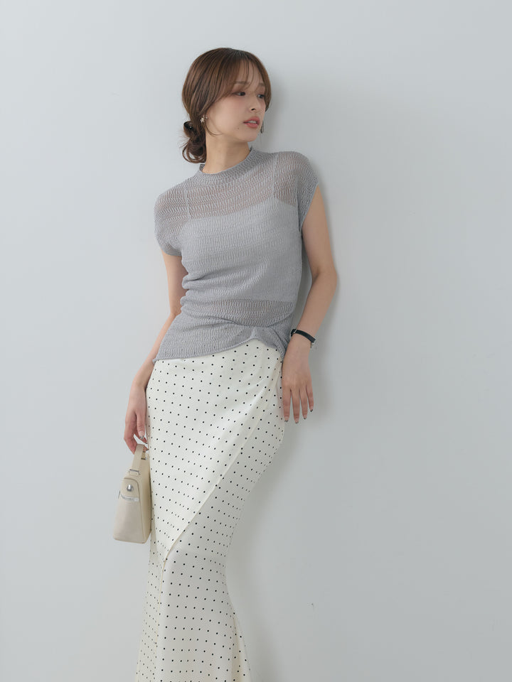 【SET】透かし編みプチネックサマーニットトップス+【Essential】Wrap design satin mermaid skirt(2set)