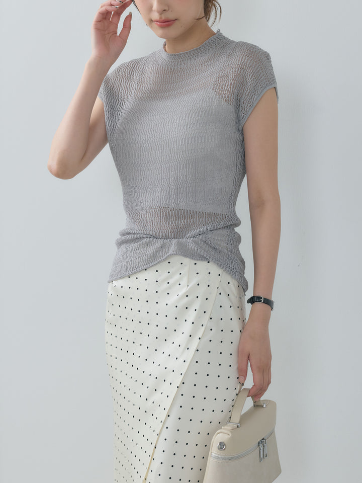 【SET】透かし編みプチネックサマーニットトップス+【Essential】Wrap design satin mermaid skirt(2set)