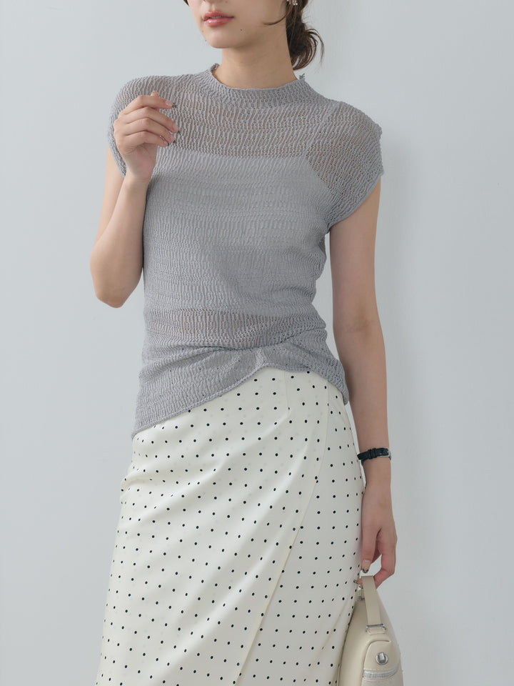 【SET】透かし編みプチネックサマーニットトップス+【Essential】Wrap design satin mermaid skirt(2set)