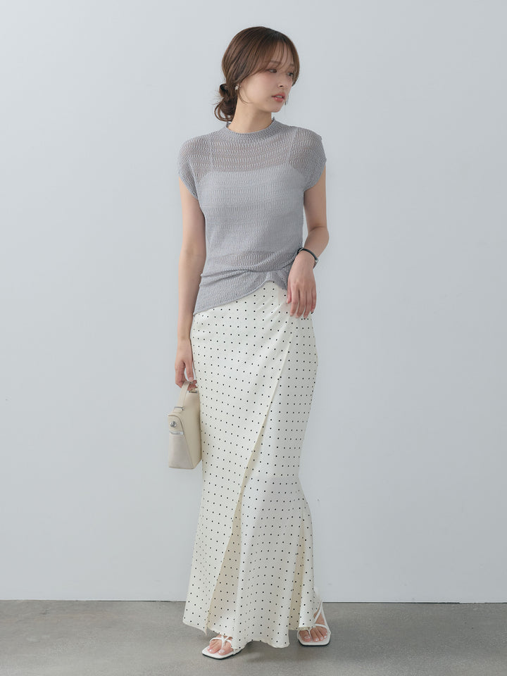 【SET】透かし編みプチネックサマーニットトップス+【Essential】Wrap design satin mermaid skirt(2set)