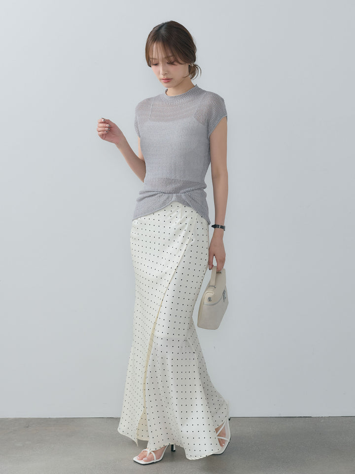 【SET】透かし編みプチネックサマーニットトップス+【Essential】Wrap design satin mermaid skirt(2set)