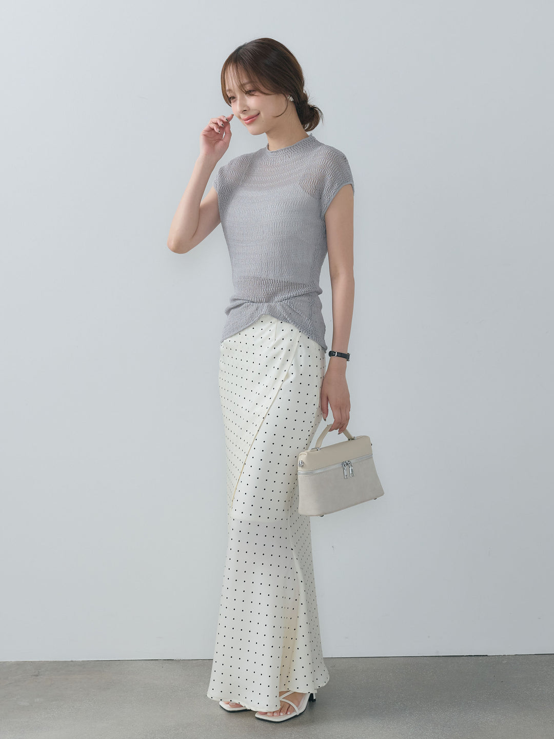 【SET】透かし編みプチネックサマーニットトップス+【Essential】Wrap design satin mermaid skirt(2set)