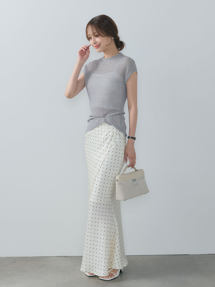【SET】透かし編みプチネックサマーニットトップス+【Essential】Wrap design satin mermaid skirt(2set)