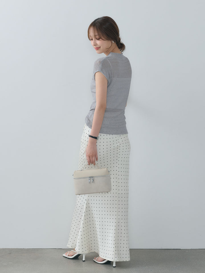 【SET】透かし編みプチネックサマーニットトップス+【Essential】Wrap design satin mermaid skirt(2set)