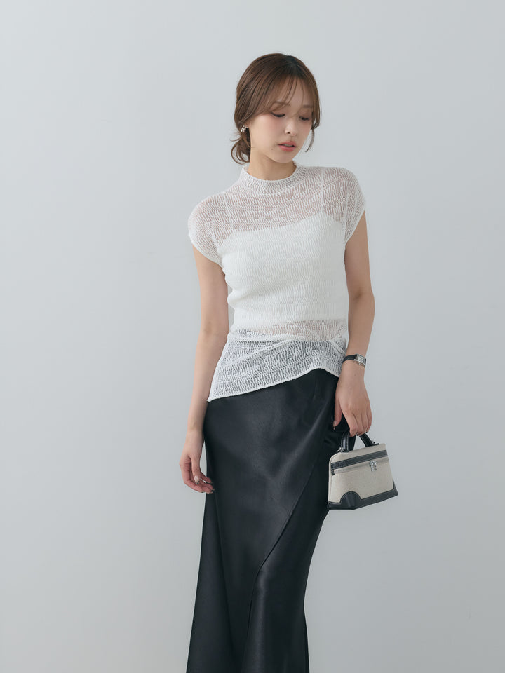 【SET】透かし編みプチネックサマーニットトップス+【Essential】Wrap design satin mermaid skirt(2set)