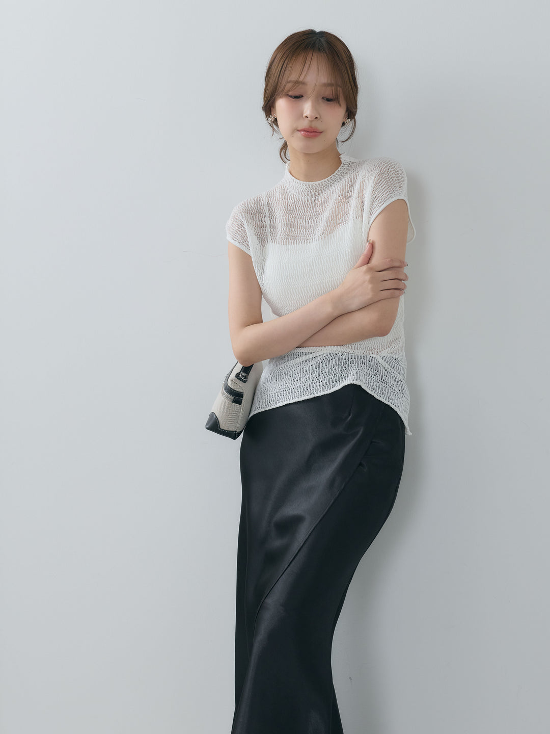 【SET】透かし編みプチネックサマーニットトップス+【Essential】Wrap design satin mermaid skirt(2set)