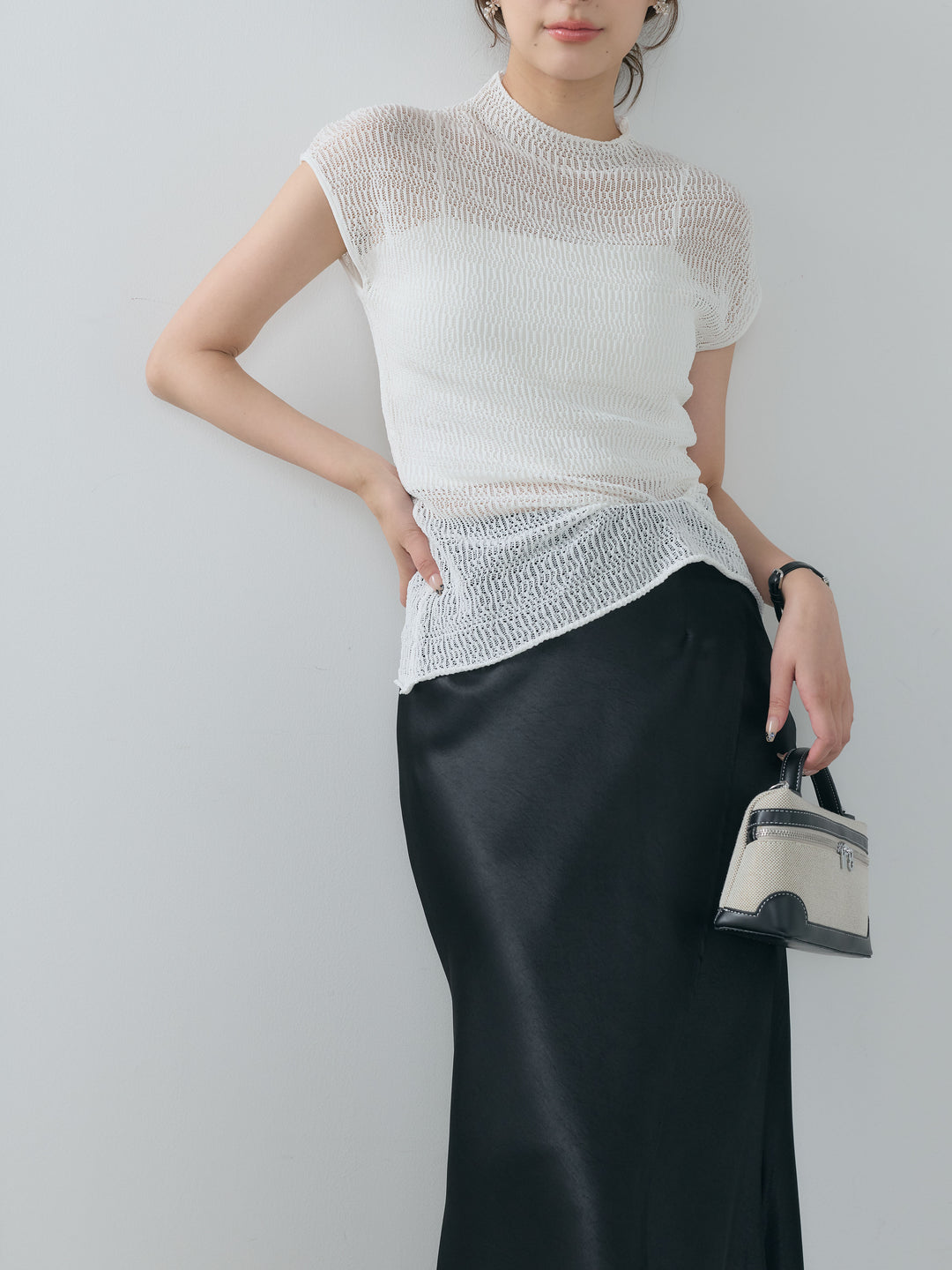 【SET】透かし編みプチネックサマーニットトップス+【Essential】Wrap design satin mermaid skirt(2set)