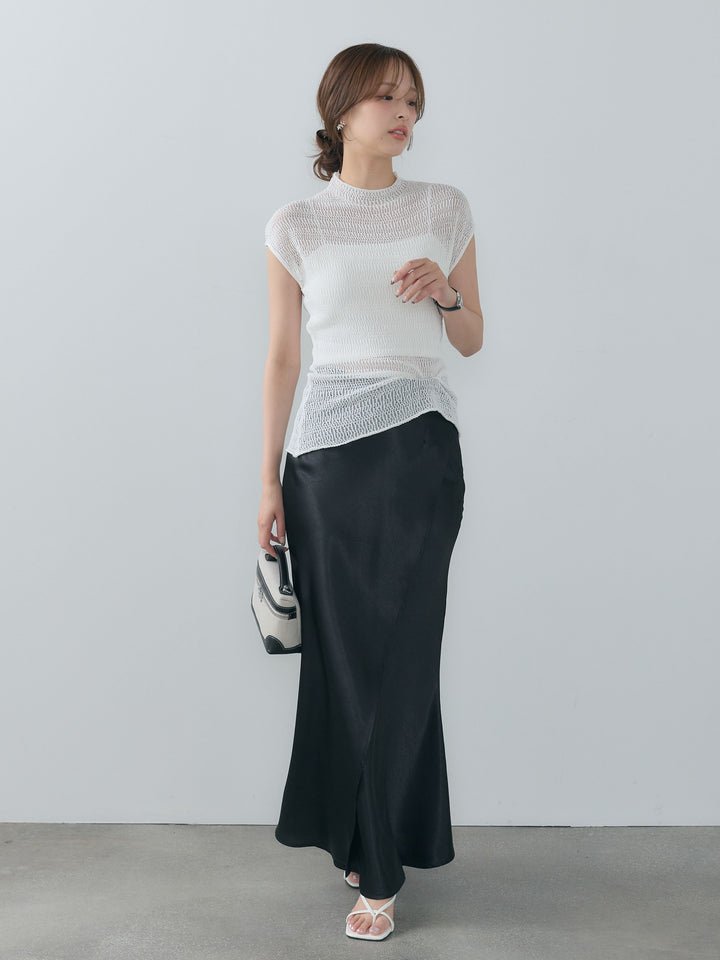 【SET】透かし編みプチネックサマーニットトップス+【Essential】Wrap design satin mermaid skirt(2set)