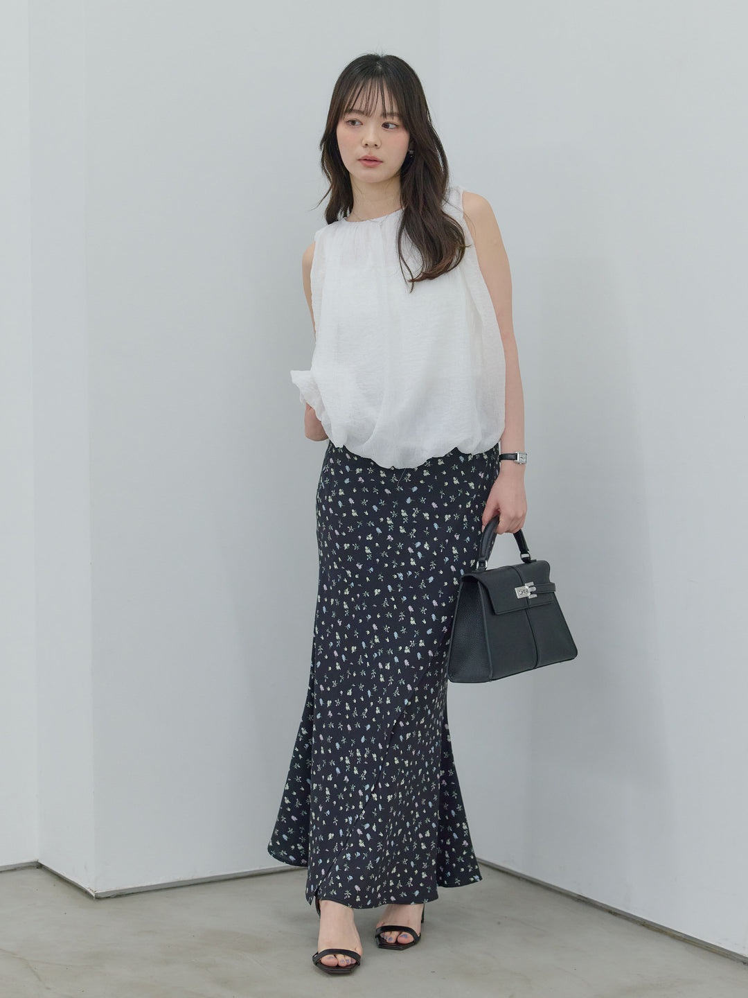 【SET】シアーワッシャーバルーンノースリブラウス+【Essential】Wrap design satin mermaid skirt(2set)