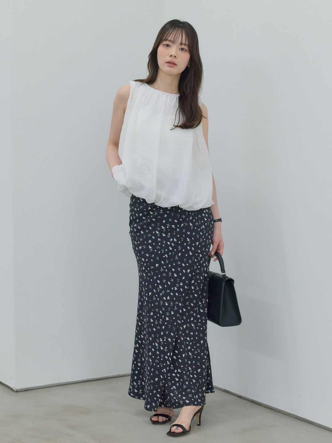 【SET】シアーワッシャーバルーンノースリブラウス+【Essential】Wrap design satin mermaid skirt(2set)