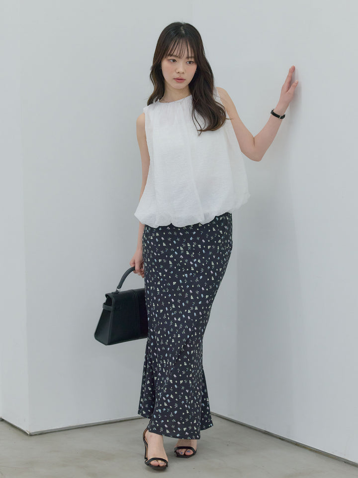 【SET】シアーワッシャーバルーンノースリブラウス+【Essential】Wrap design satin mermaid skirt(2set)