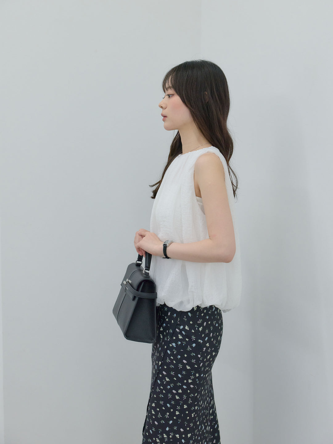 【SET】シアーワッシャーバルーンノースリブラウス+【Essential】Wrap design satin mermaid skirt(2set)