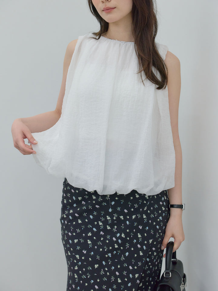 【SET】シアーワッシャーバルーンノースリブラウス+【Essential】Wrap design satin mermaid skirt(2set)