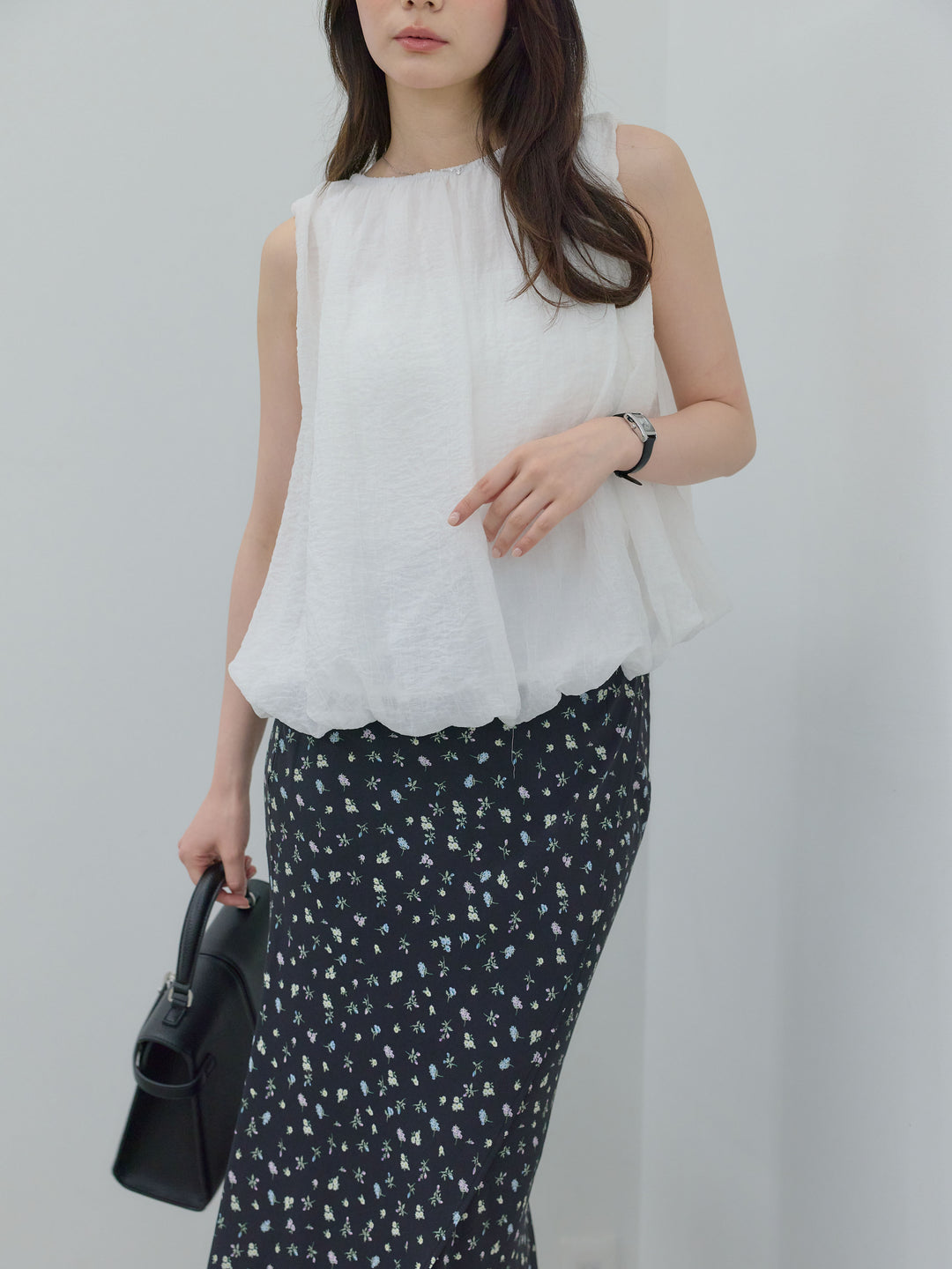 【SET】シアーワッシャーバルーンノースリブラウス+【Essential】Wrap design satin mermaid skirt(2set)
