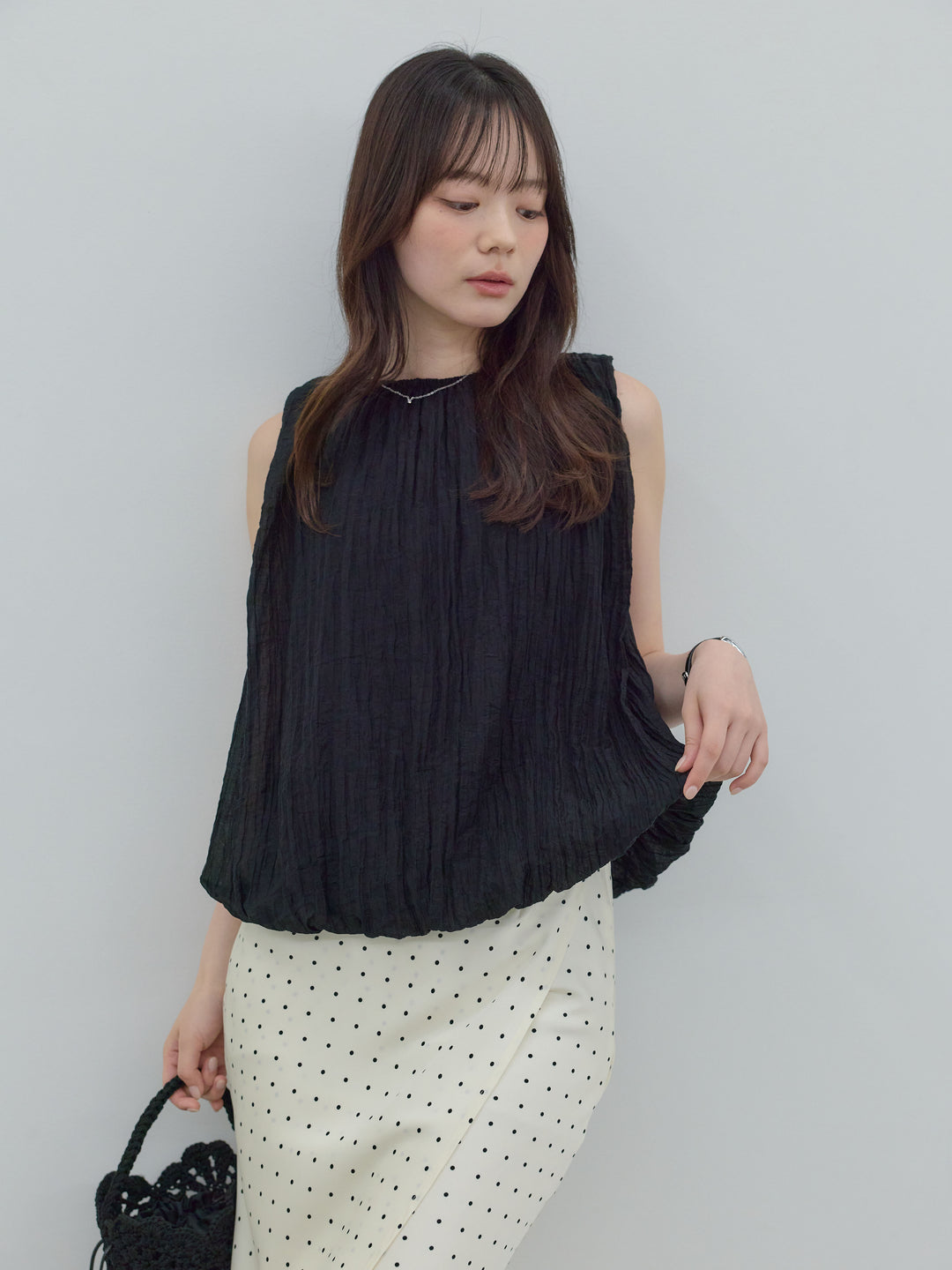 【SET】シアーワッシャーバルーンノースリブラウス+【Essential】Wrap design satin mermaid skirt(2set)