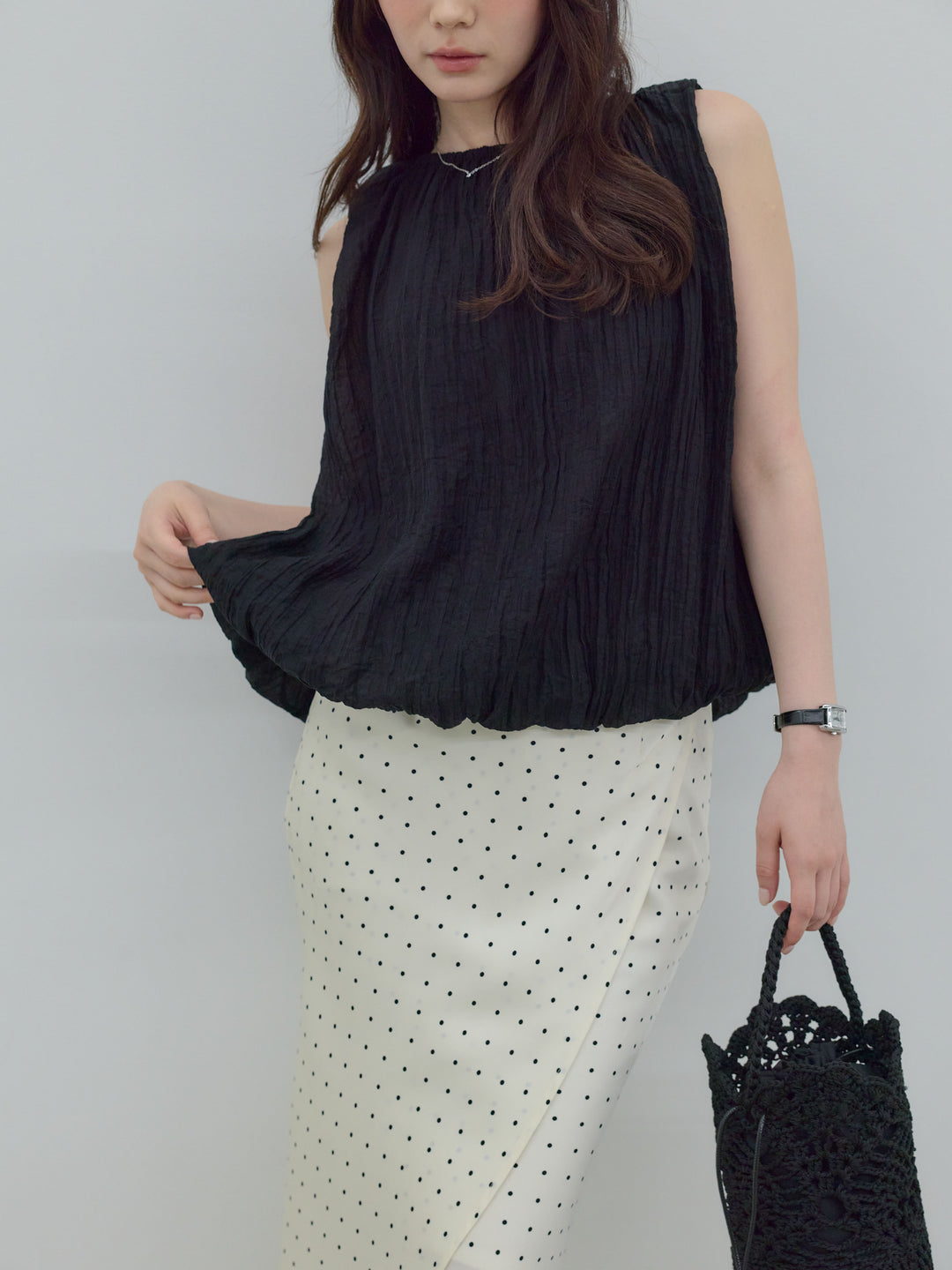 【SET】シアーワッシャーバルーンノースリブラウス+【Essential】Wrap design satin mermaid skirt(2set)