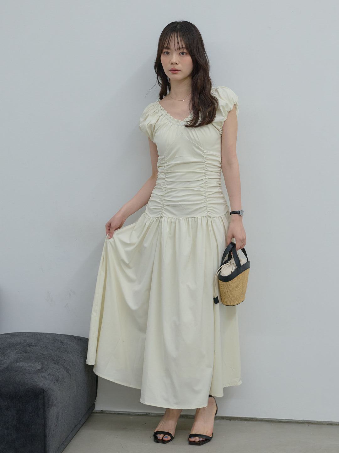 【Essential】Shirring flare puff sleeve one piece