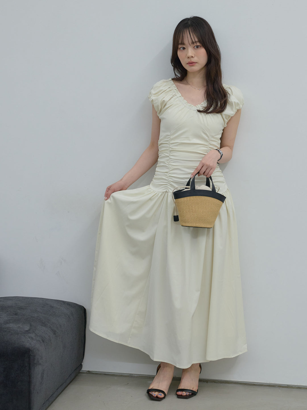 【Essential】Shirring flare puff sleeve one piece
