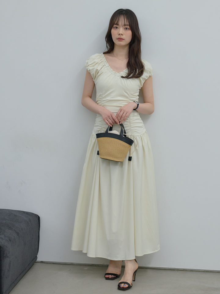 【Essential】Shirring flare puff sleeve one piece