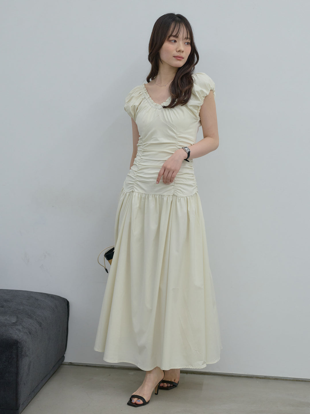 【Essential】Shirring flare puff sleeve one piece