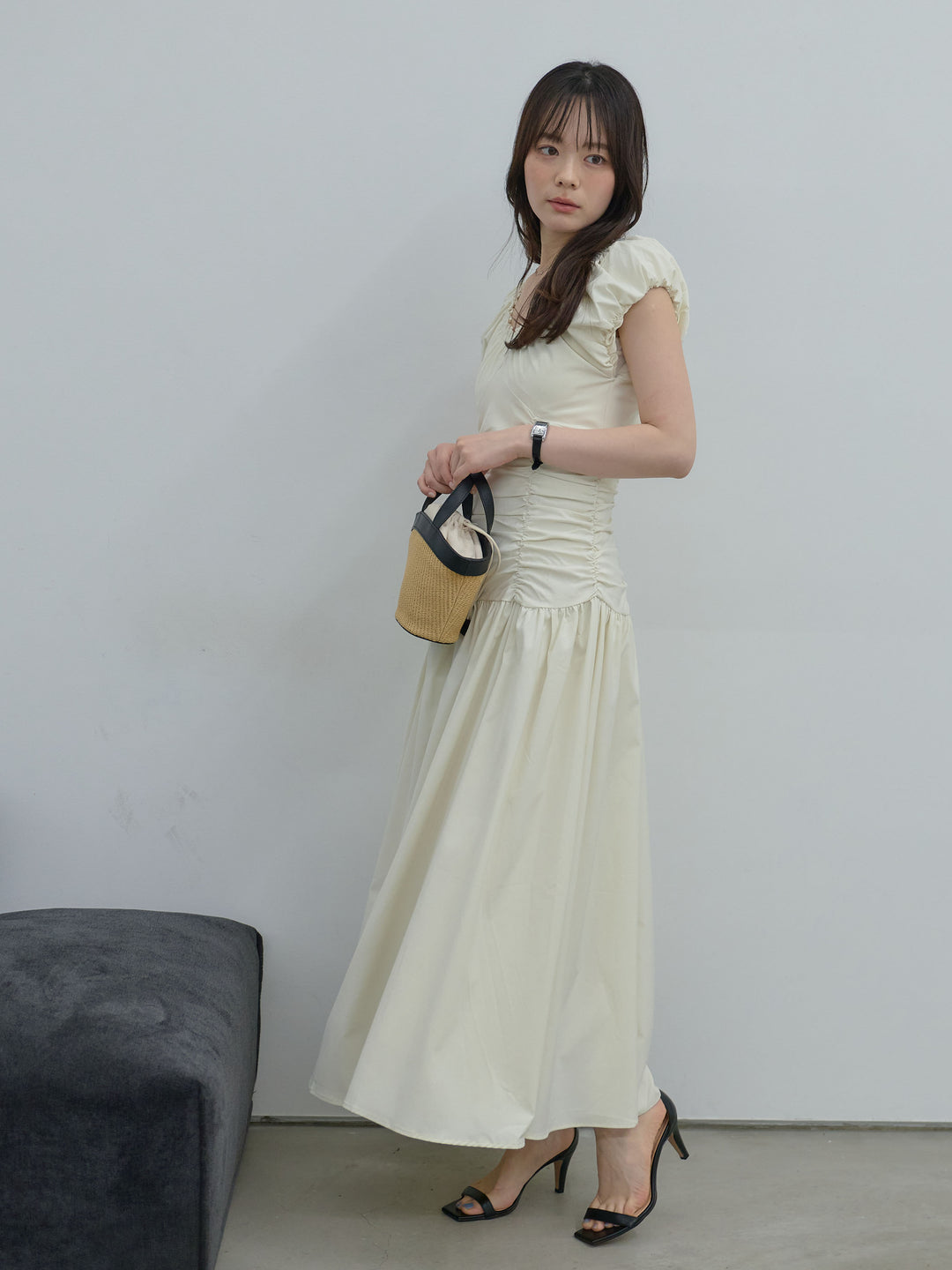 【Essential】Shirring flare puff sleeve one piece