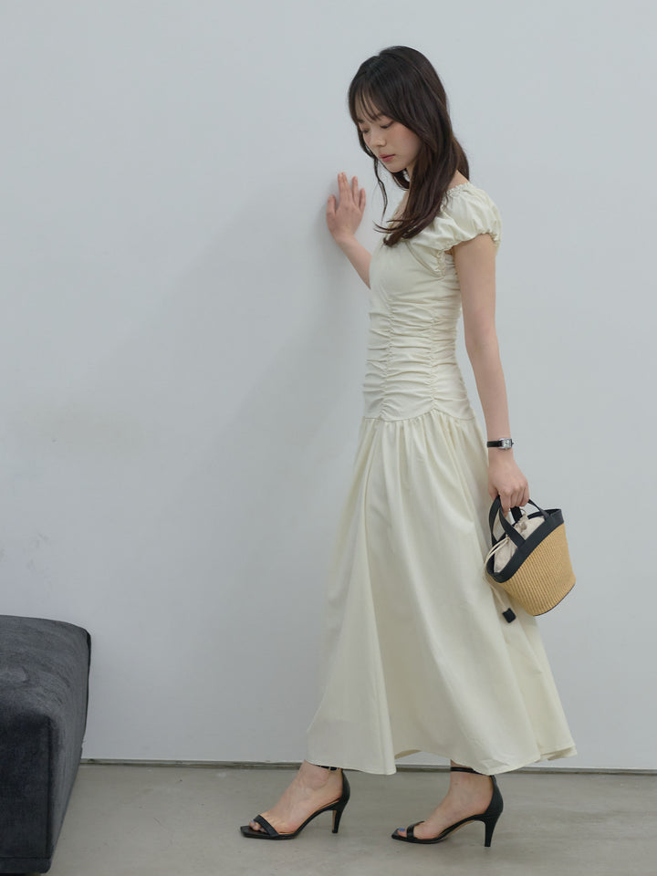 【Essential】Shirring flare puff sleeve one piece