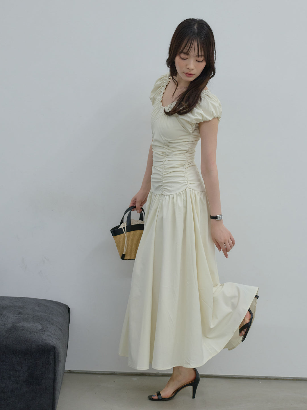【Essential】Shirring flare puff sleeve one piece