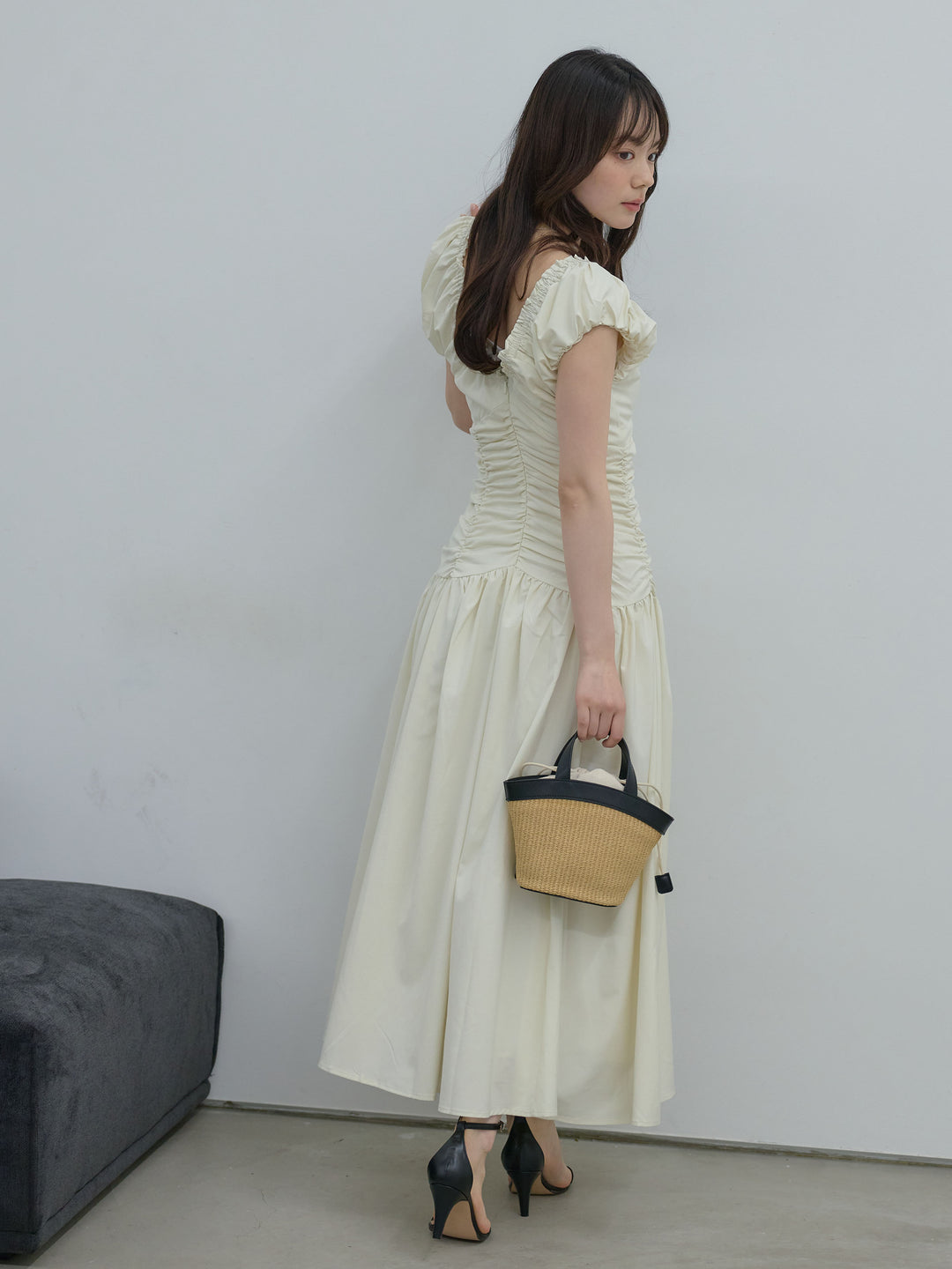【Essential】Shirring flare puff sleeve one piece