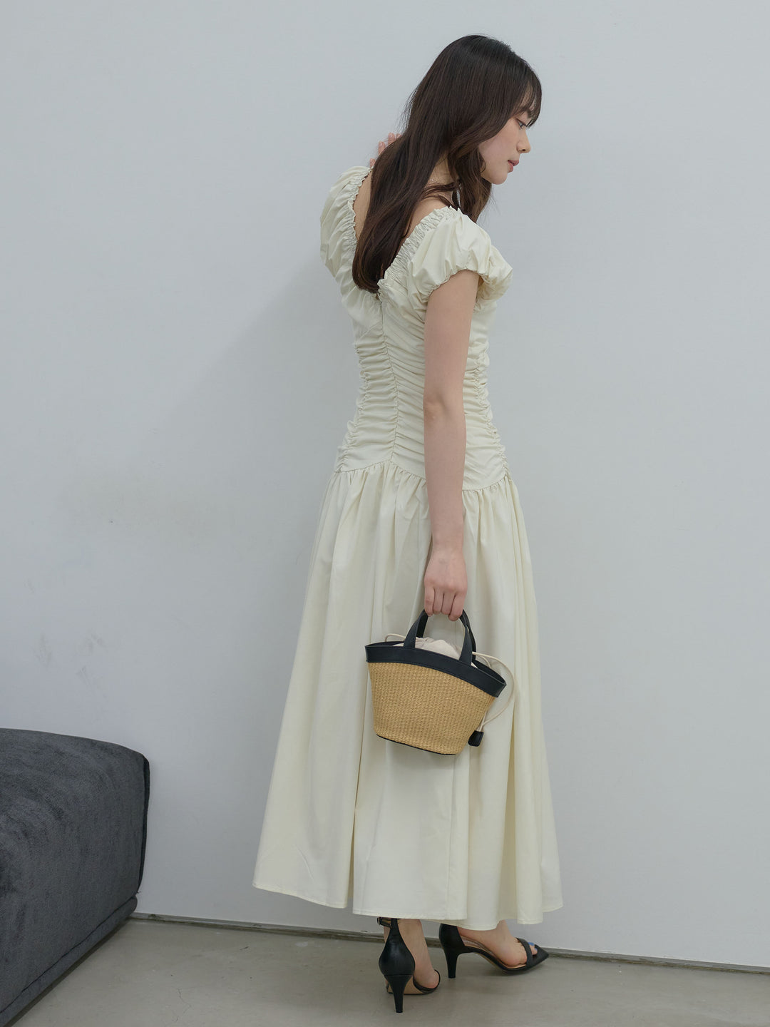 【Essential】Shirring flare puff sleeve one piece