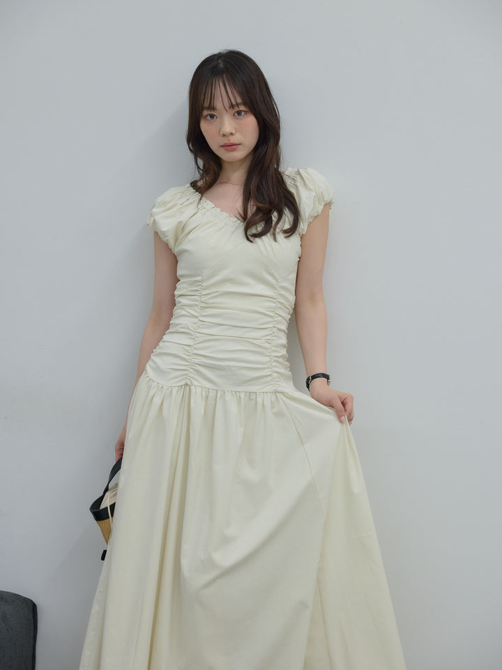 【Essential】Shirring flare puff sleeve one piece