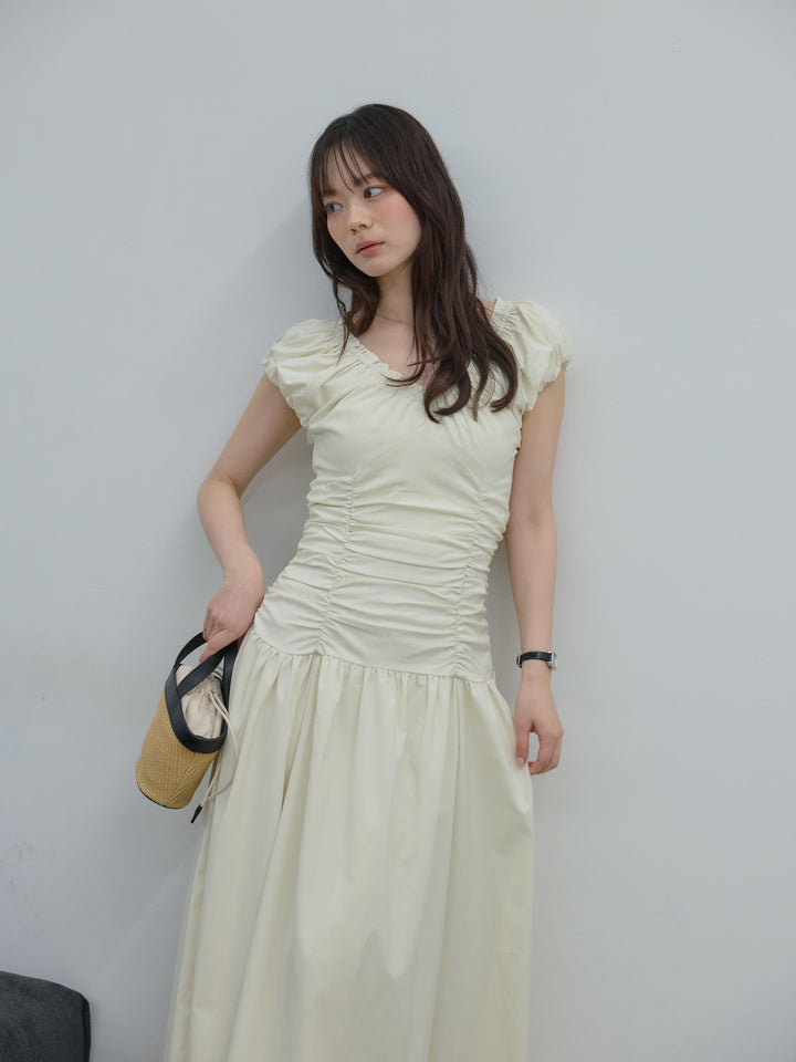 【Essential】Shirring flare puff sleeve one piece