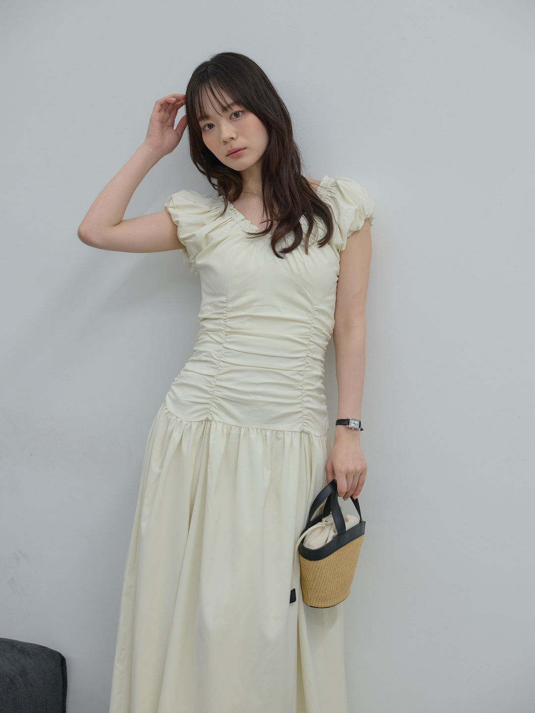 【Essential】Shirring flare puff sleeve one piece