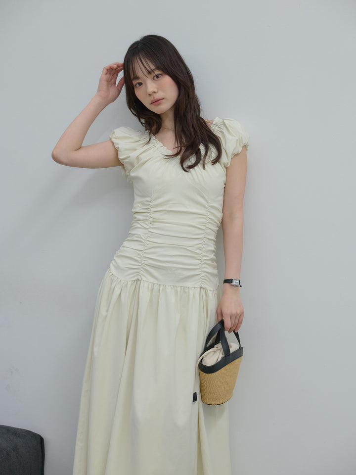 【Essential】Shirring flare puff sleeve one piece