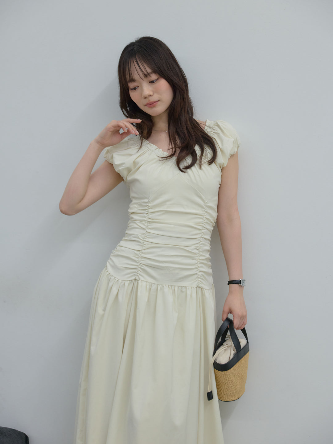 【Essential】Shirring flare puff sleeve one piece