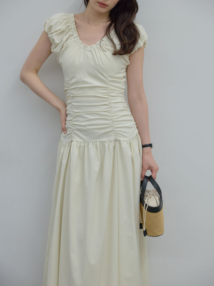 【Essential】Shirring flare puff sleeve one piece