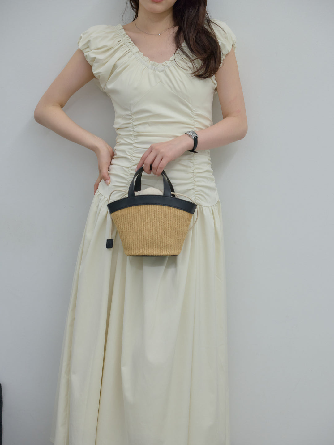 【Essential】Shirring flare puff sleeve one piece