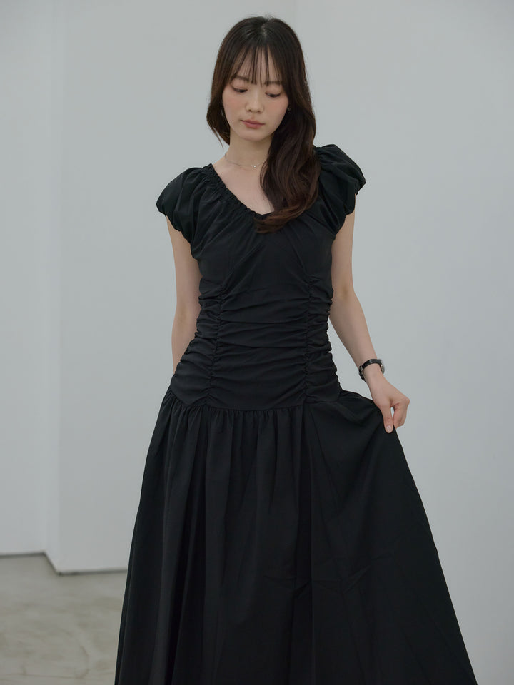 【Essential】Shirring flare puff sleeve one piece