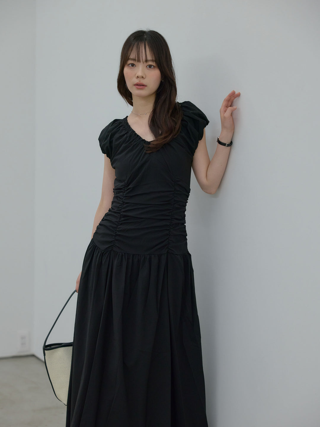 【Essential】Shirring flare puff sleeve one piece