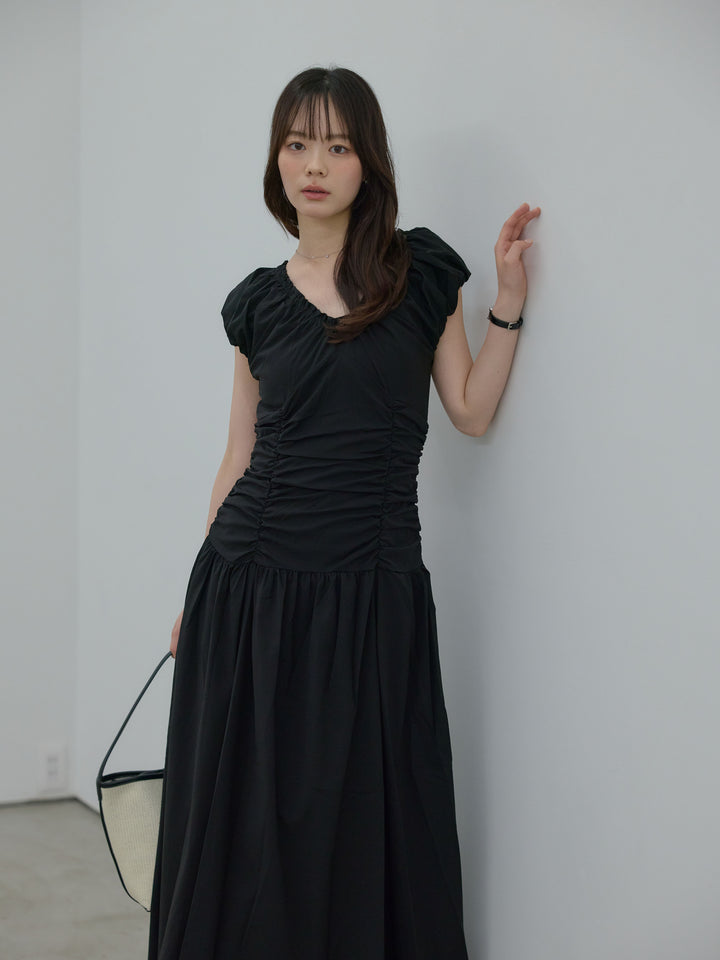 【Essential】Shirring flare puff sleeve one piece
