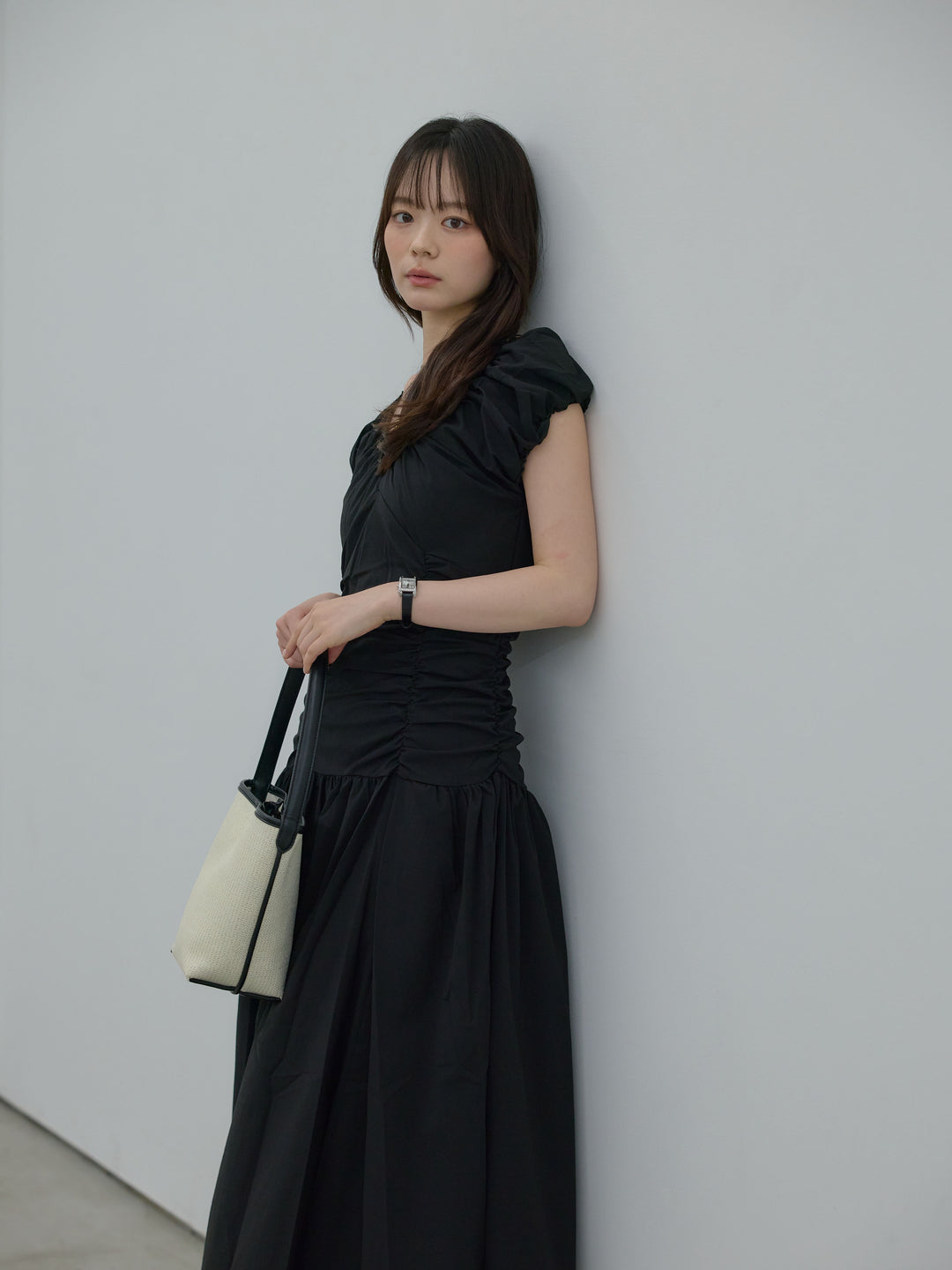 【Essential】Shirring flare puff sleeve one piece