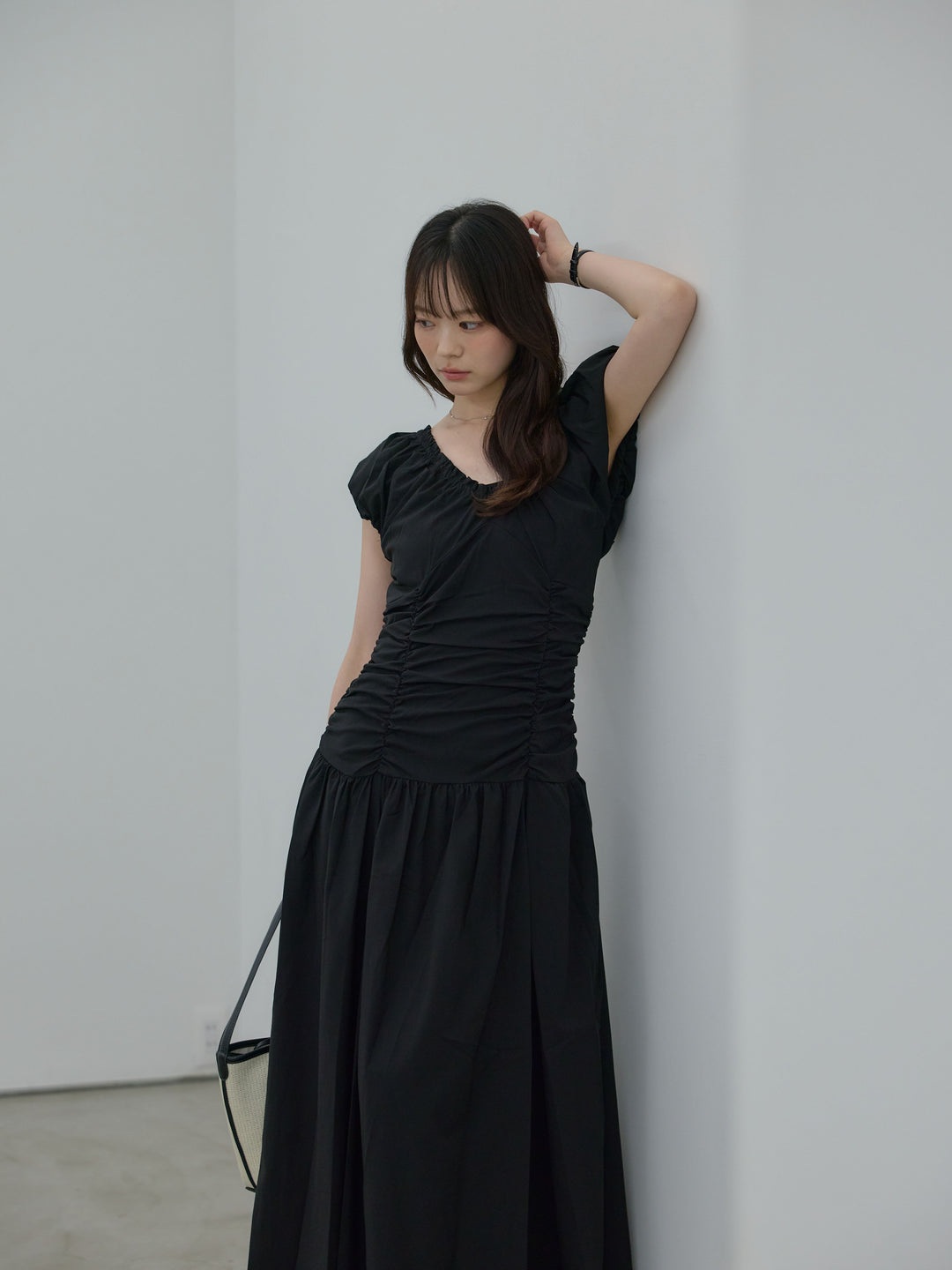 【Essential】Shirring flare puff sleeve one piece