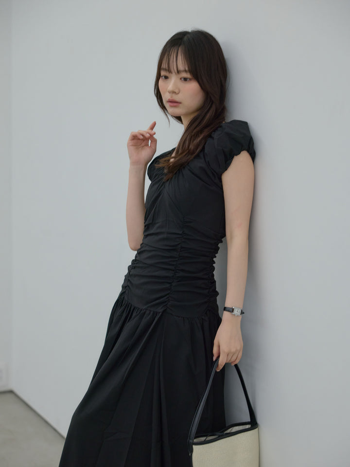 【Essential】Shirring flare puff sleeve one piece