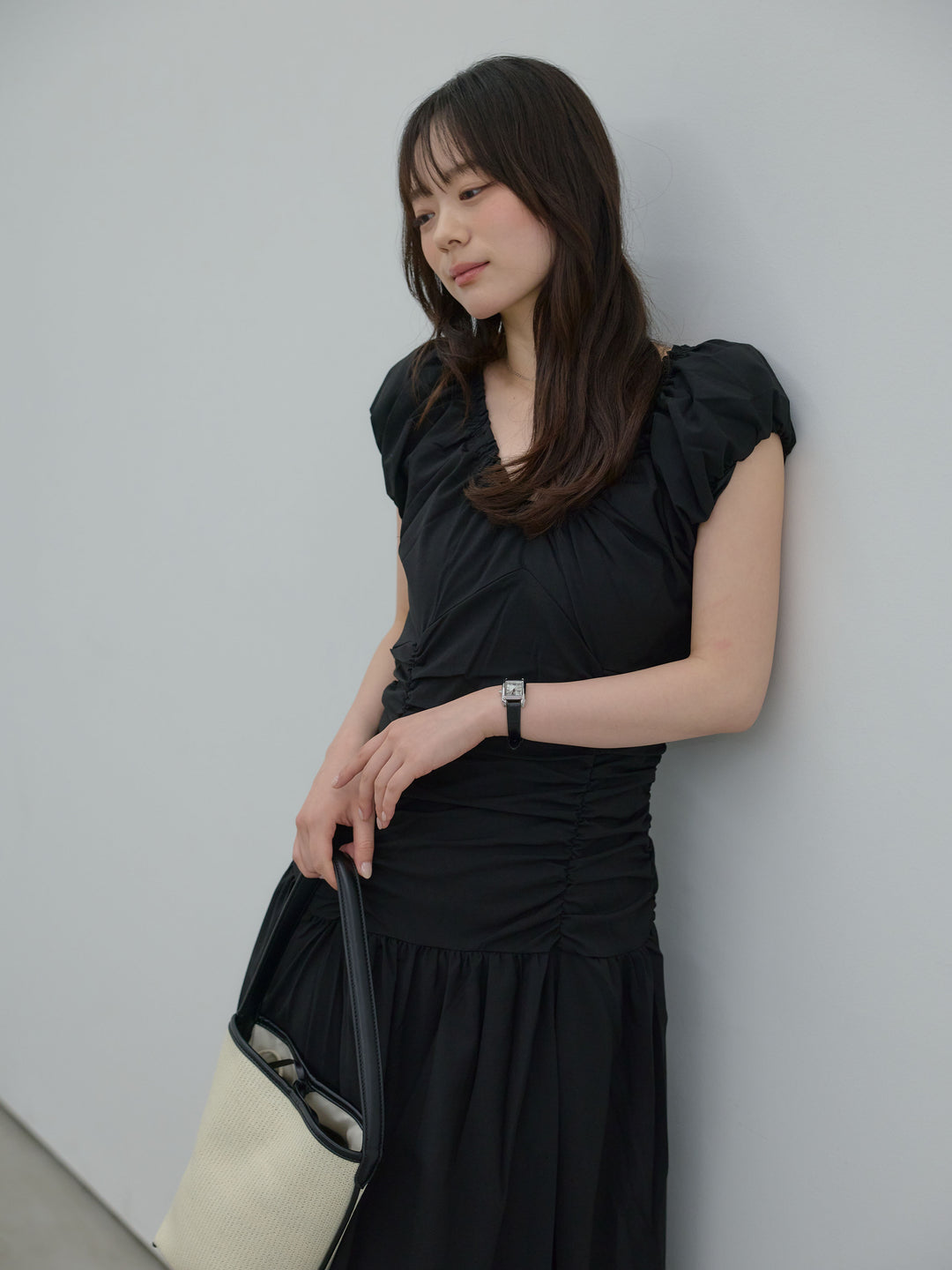 【Essential】Shirring flare puff sleeve one piece