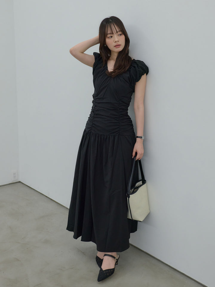 【Essential】Shirring flare puff sleeve one piece