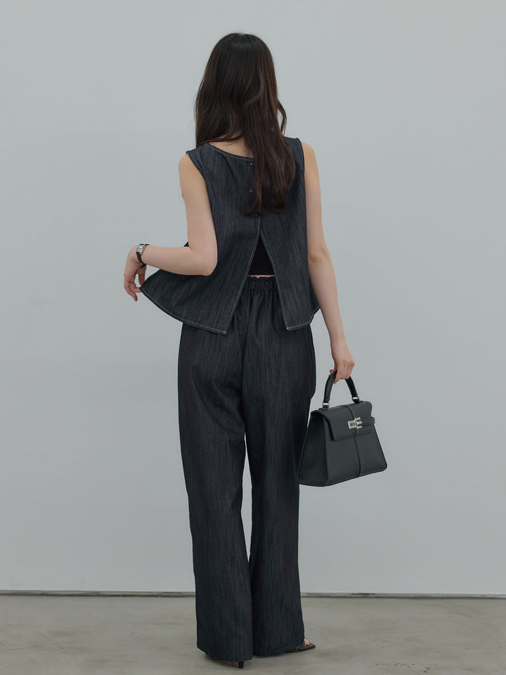 スラブデニムバックオープンブラウス