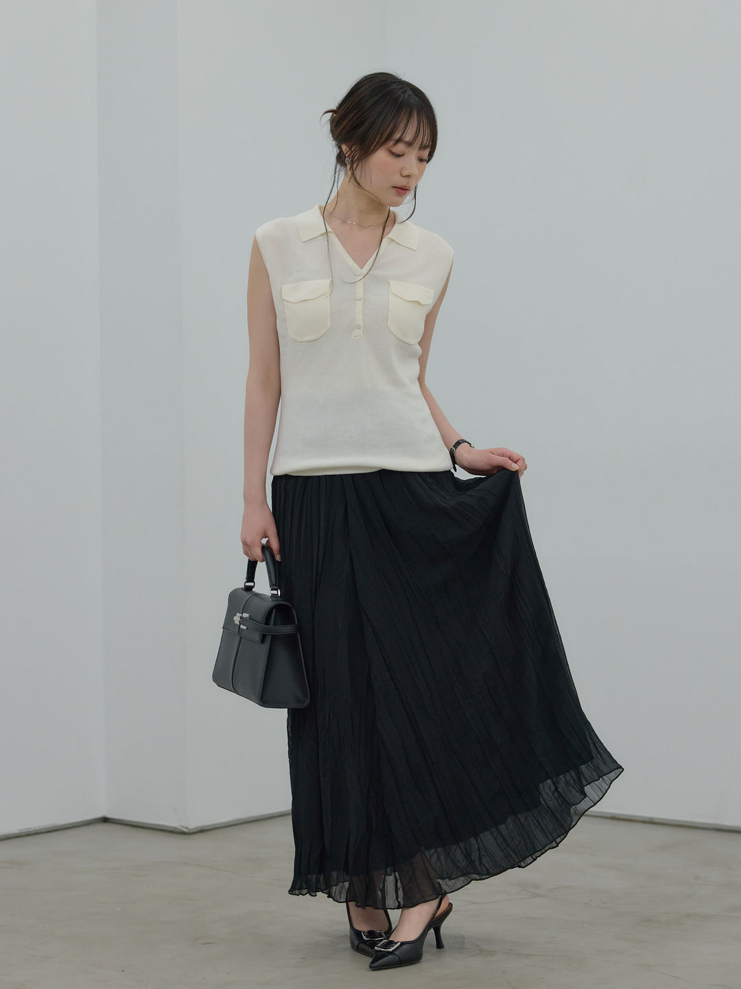 【SET】【Essential】Pocket design rib knit no-sleeve tops+ワッシャーランダムプリーツスカート(2set)