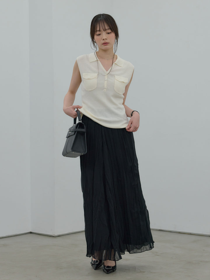 【SET】【Essential】Pocket design rib knit no-sleeve tops+ワッシャーランダムプリーツスカート(2set)