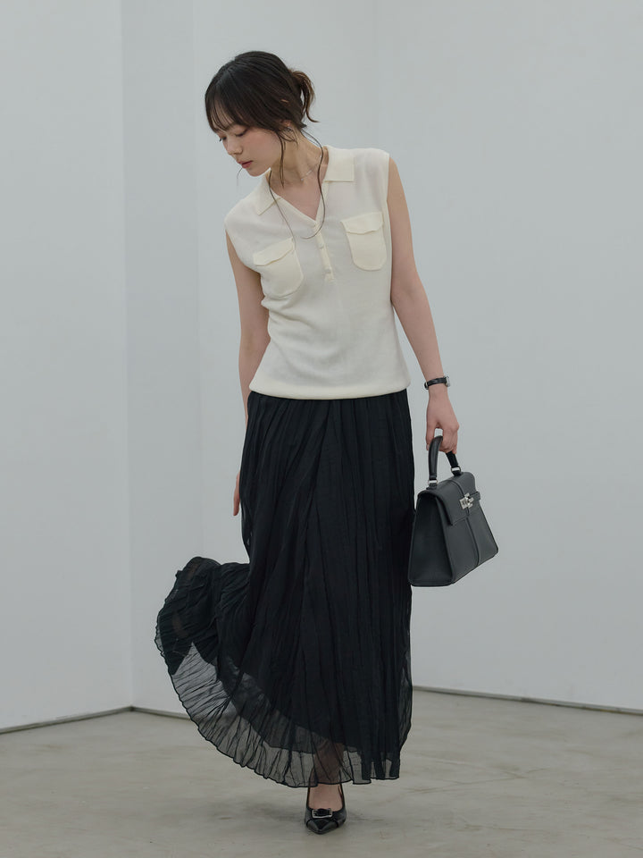 【SET】【Essential】Pocket design rib knit no-sleeve tops+ワッシャーランダムプリーツスカート(2set)