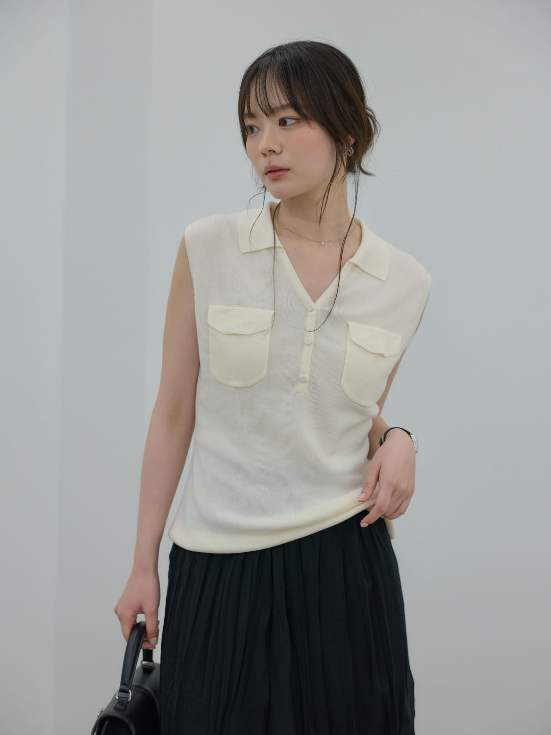 【SET】【Essential】Pocket design rib knit no-sleeve tops+ワッシャーランダムプリーツスカート(2set)